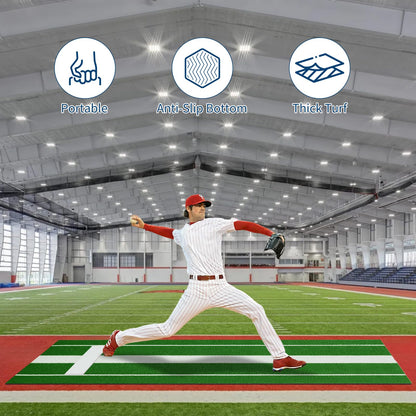 10x3 ft Professional Softball Pitching Mat with Power Line, Heavy Duty Non-Slip Rubber Base & Dense Turf, Portable Softball Pitching Mound for Indoor Outdoor Training Lane, Ideal Practice Aid, Green