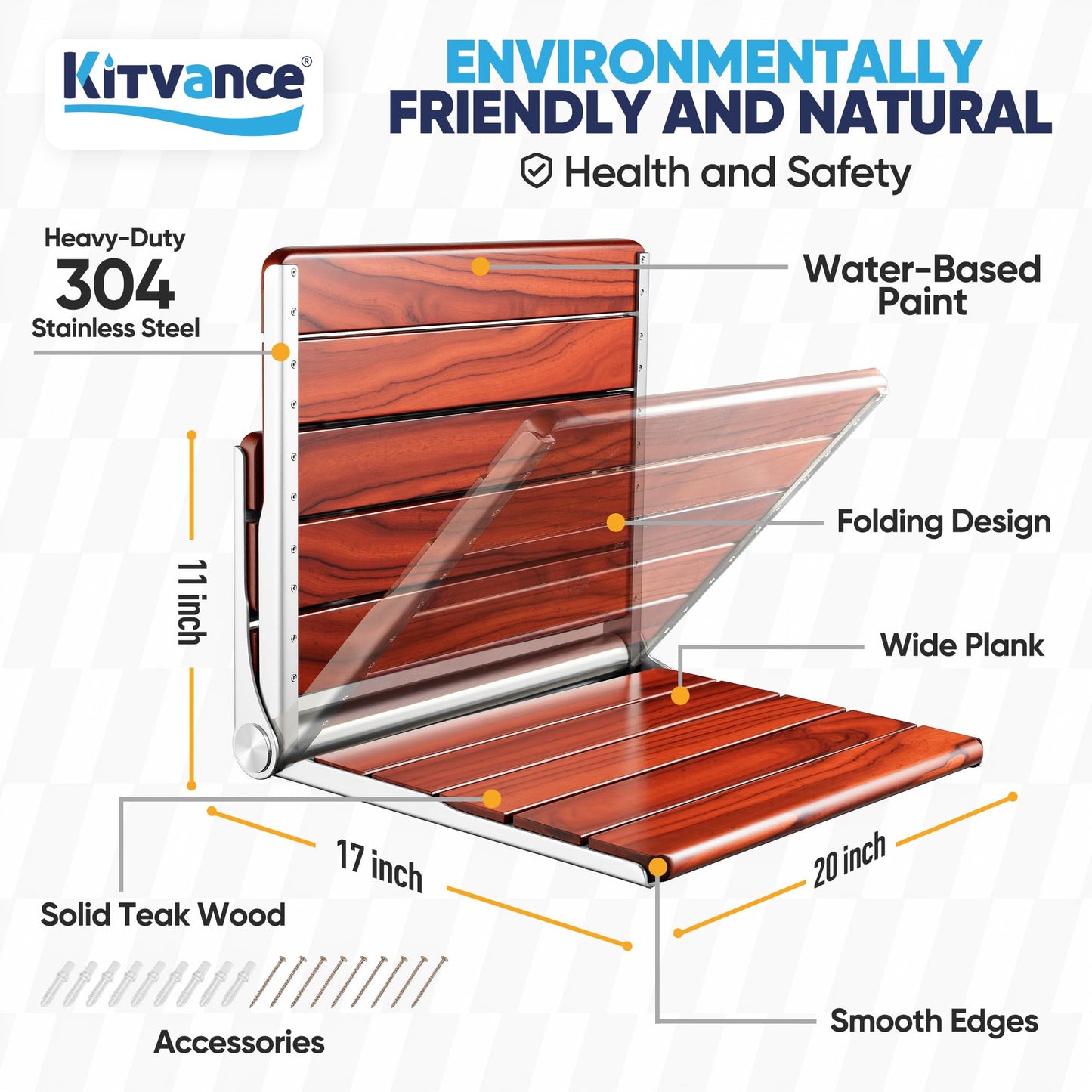 20" Folding Teak Shower Seat Wall Mounted – 400 lbs Teak Wood Foldable Shower Bench, Larger Teak Folding Shower Bench, Fold Down Shower Seat for Inside Shower, Teak Shower Chairs Stool