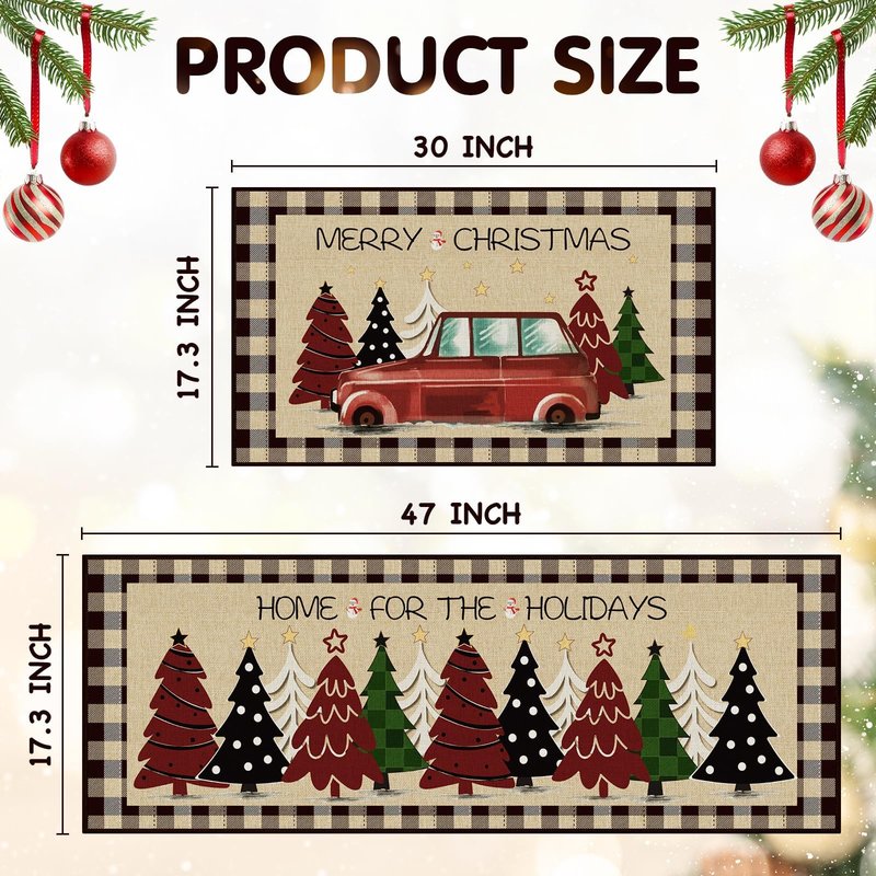 StepRite Kitchen Mats for Floor, 2 PCS Christmas Kitchen Rugs, Non-Slip Bottom with Christmas Tree Print, Low-Profile Mat for Home, Office, Sink, Kitchen,Hallway,Holiday Decor(17”x30”+17”x47”-Brown)
