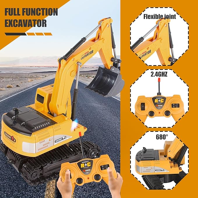 Remote Control Excavator Toys for Boys RC Excavator Toy for Boys 3 4 5 6 7 8 Year Old Kids Christmas Birthday GiftRC Digger Truck Construction Vehicles with Metal Shovel &amp Light