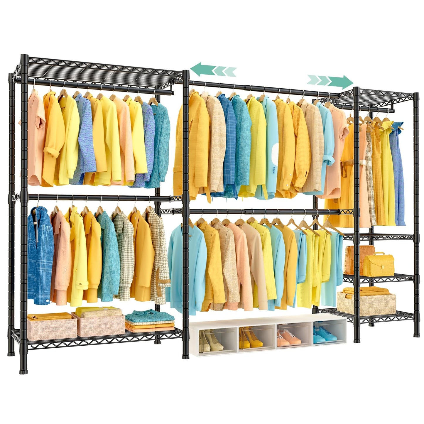 SEMHOR E01 Expandable Heavy Duty Clothes Rack, Free Standing Closet System Organizer, Adjustable Portable Carbon Steel Garment & Clothing Racks for Hanging Clothes (72.5-96"), 800LBS Max Load, Black