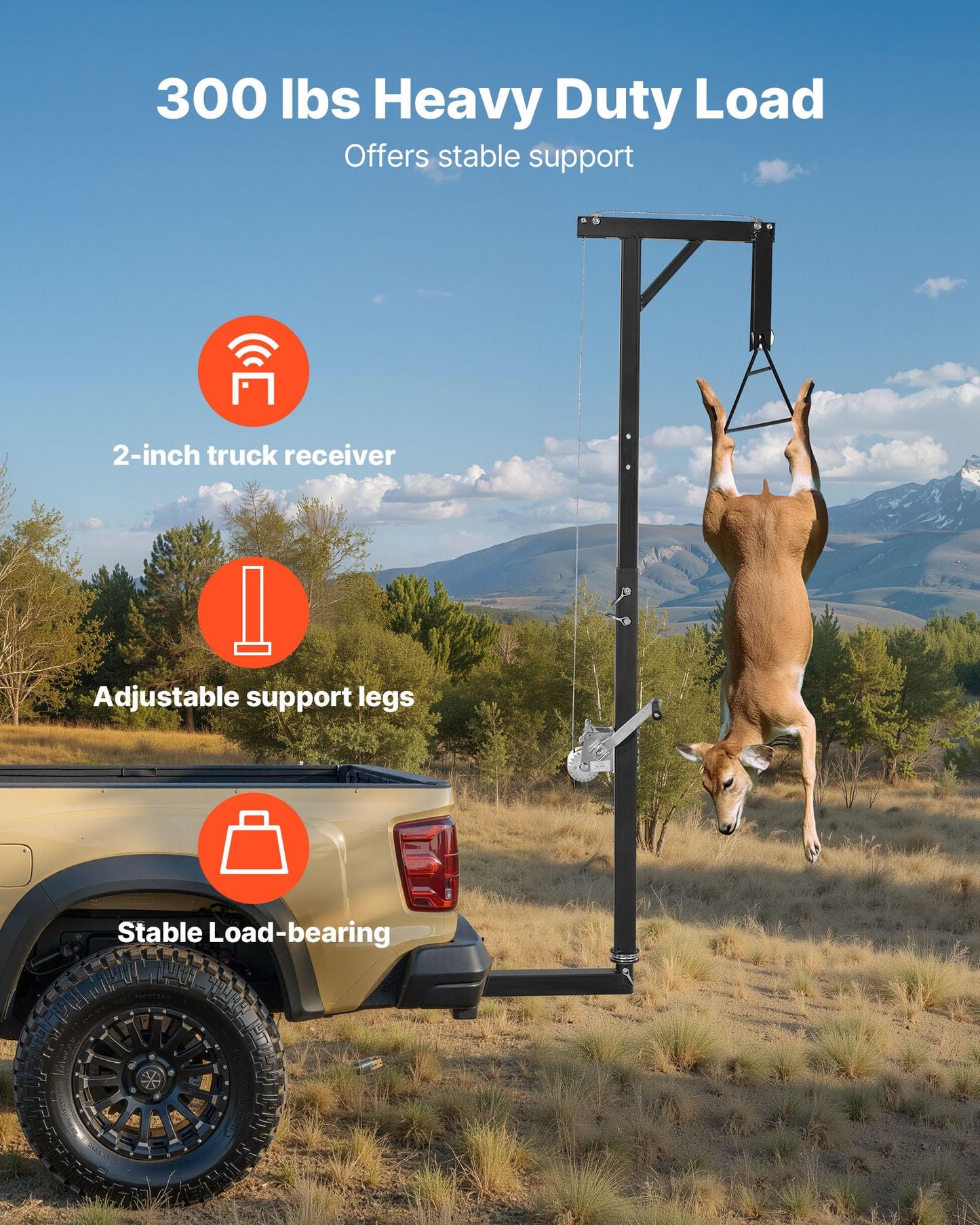 VEVOR Truck Hitch Game Hoist, 300 lbs Load Capacity, Hunting Deer Hoist with 2-inch Receiver, 360-Degree Swivel Shaft & Adjustable Height, Includes Gambrel Winch for Skinning & Cleaning Game