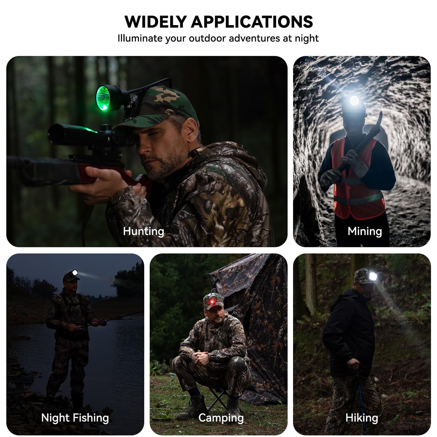 GearOZ 10W LED Coyote Hog Coon Hunting Lights, Rechargeable Hunter Headlamp, Waterproof 60000LUX Super Bright LED Predator Hunter Head Light & 3 Colors (White Red Green), 7 Position Switch