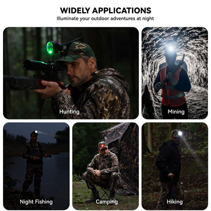 GearOZ 10W LED Coyote Hog Coon Hunting Lights, Rechargeable Hunter Headlamp, Waterproof 60000LUX Super Bright LED Predator Hunter Head Light & 3 Colors (White Red Green), 7 Position Switch