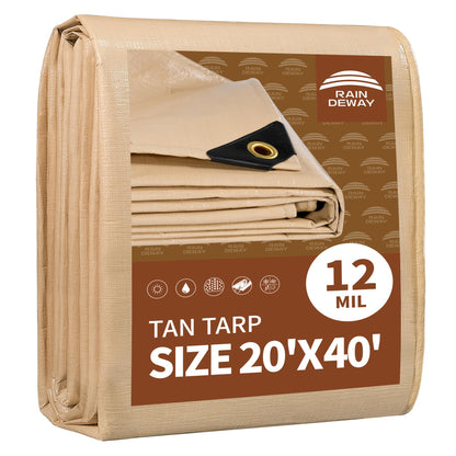 RAINDEWAY 20x40 Feet Heavy Duty Tarp,12 Mil Tan Waterproof Poly Tarp Cover,UV Resistant,Weatherproof,Durable,Multipurpose Tarps with Grommets and Reinforced Edges