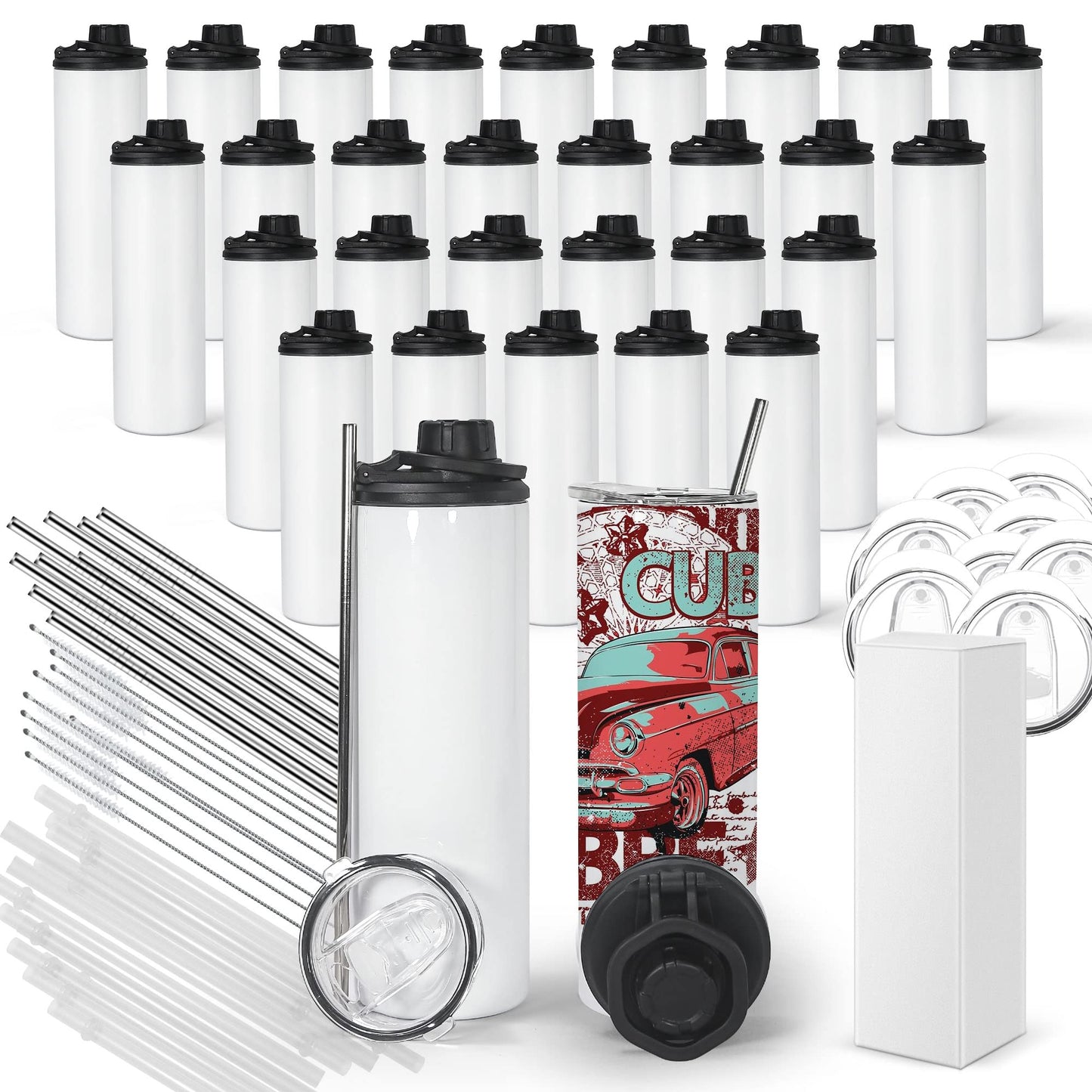 FECBK 30 Pack Sublimation Water Bottle Blanks 20 oz Sublimation Sports Water Bottle with Handle Stainless Steel Sublimation Tumbler Blanks with Lids and Straws, Individually Box, White, DIY Gift