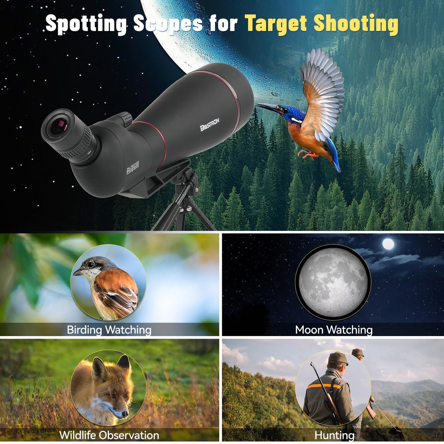 BOSTRON 25-75x100 Spotting Scope, BAK4 FMC Waterproof Spotter Scope with Tripod Phone Adapter, for Target Shooting Hunting Wildlife Bird Watching