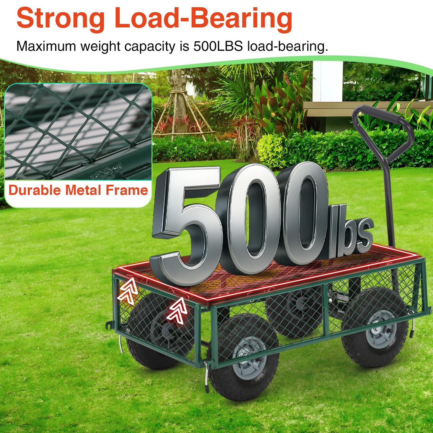 FDW Garden Cart Streel Heavy Duty 500 LBS Capacity，Utility Cart Wagon with Removable Sides and 180°Rotating Handle for Yard, Lawn and Garden Hauler (Dark Green)