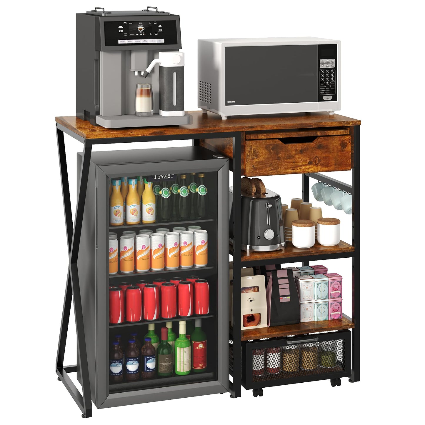 41.7in Mini Fridge Stand with Storage Shelf, 3-Tier Microwave Stand & Coffee Bar Organizer with Power Outlet, Basket, Pull-out Work Platform, 160LBS Sturdy Mini Fridge Shelf for Dorm, Apartment