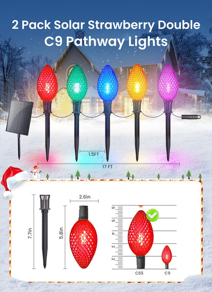 Minetom Solar Christmas Pathway Lights - 32FT 20 LED, 2 Pack, Multicolor Strawberry, Polycarbonate, 8 Modes with Timer