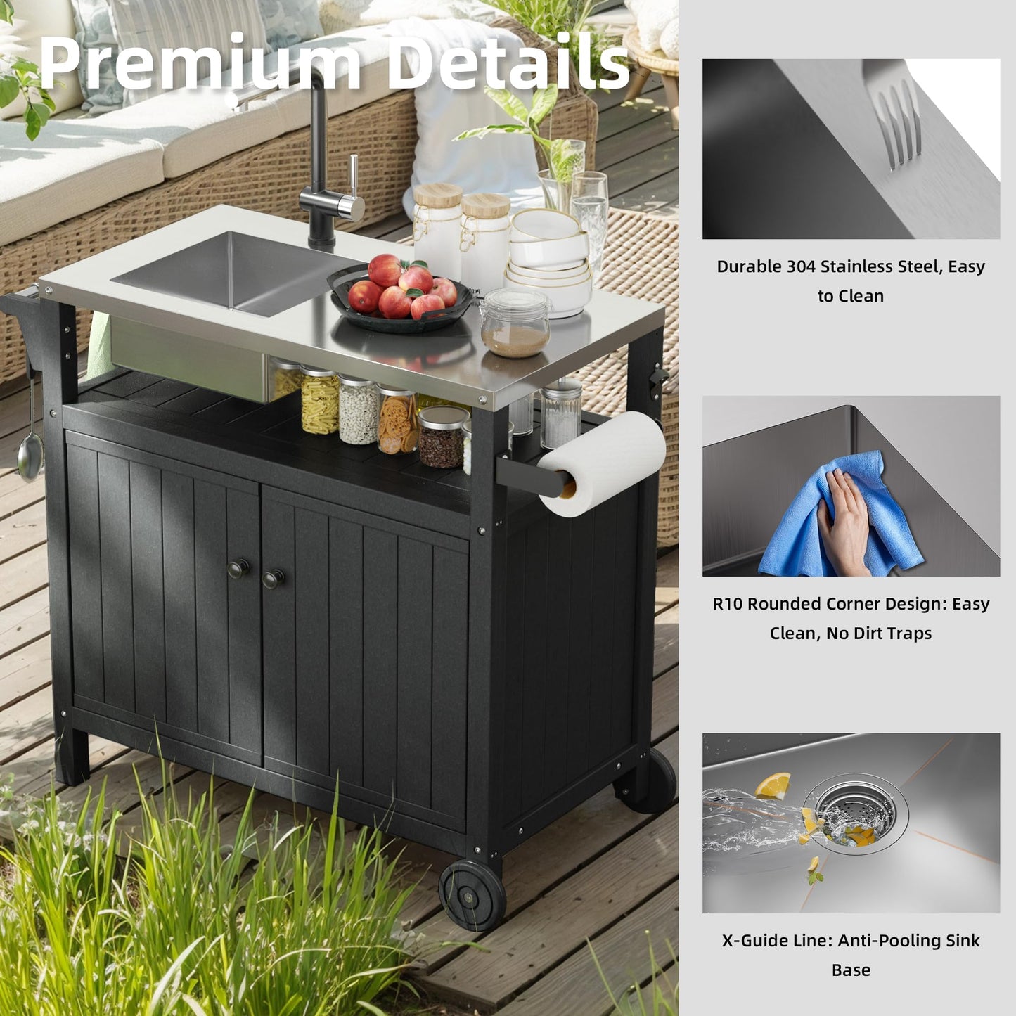 TORVA Multi-Functional Outdoor Grill Cart with Sink,Cabinet and Cover, 42 inch Freestanding Modular Kitchen Sink Station in 304 Stainless Steel&HDPE, All Weather Use BBQ Table, Black
