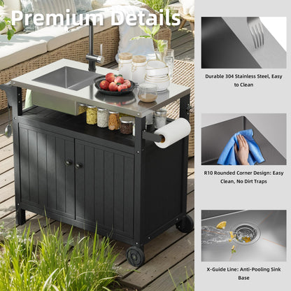 TORVA Multi-Functional Outdoor Grill Cart with Sink,Cabinet and Cover, 42 inch Freestanding Modular Kitchen Sink Station in 304 Stainless Steel&HDPE, All Weather Use BBQ Table, Black