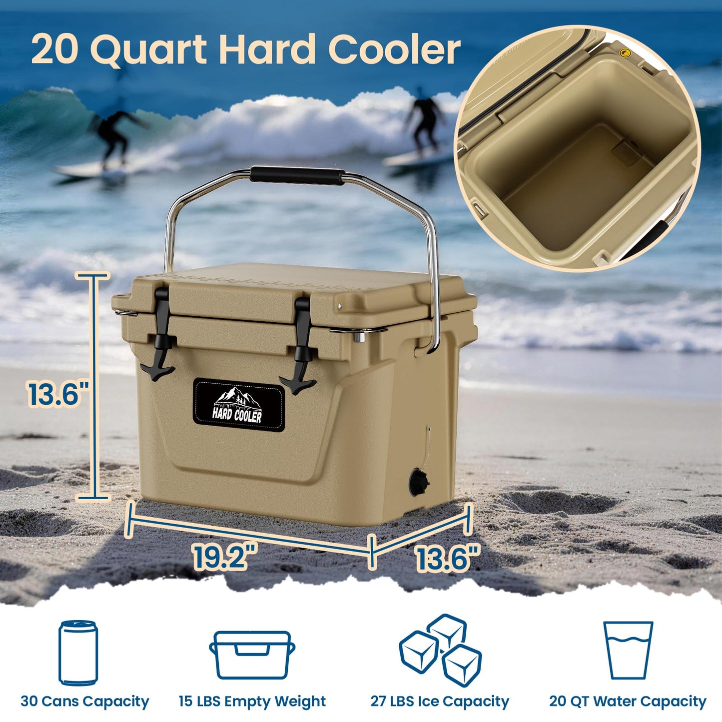 Holacamking Portable Insulated Hard Cooler, 5-8 Days Ice Retention Chest, Rotomolded Cooler with Large Carry Handles, Heavy Duty Coolers for Camping Picnics Fishing Work Lunch Sports Golf Travel