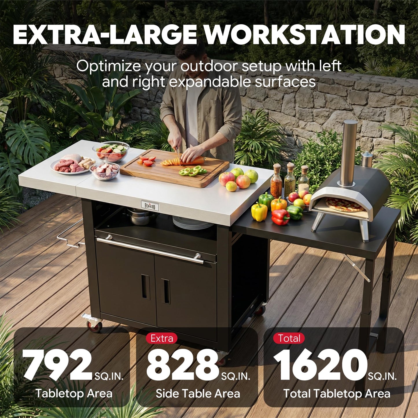Feasto Outdoor Kitchen Island with Cabinet, Outdoor Grill Table with Stainless Steel Top for Pizza Oven& Griddles, Movable Bar Cart with Pull-Out Plate for Parties& Gathering, Heavy-Duty, L74”x W24”