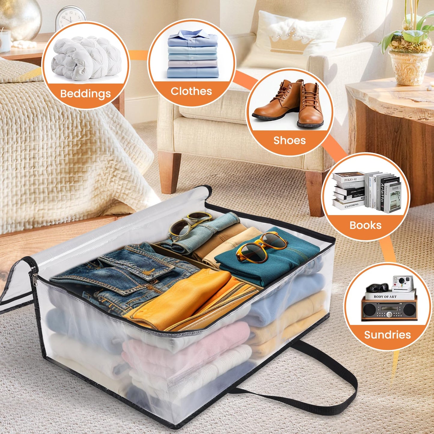 TasticTotes 6 Pack Clear Storage Bags for Comforter, Clothes & Bedding, Plastic Blanket Storage with Zipper and Handle, Moving Bags, Closet Organizer and Under-Bed Storage (40L)