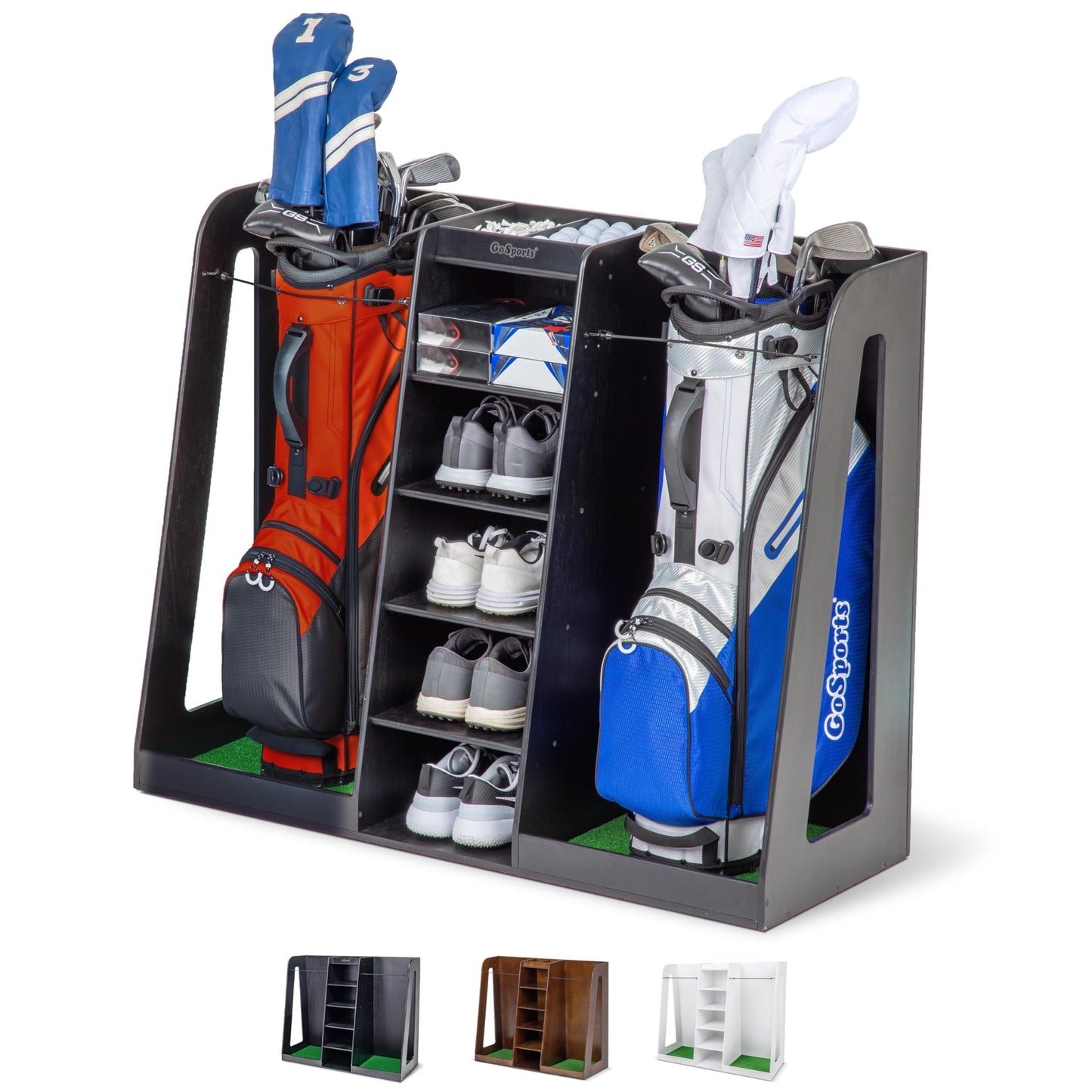GoSports Premium Wooden Golf Bag Organizer and Storage Rack - Black