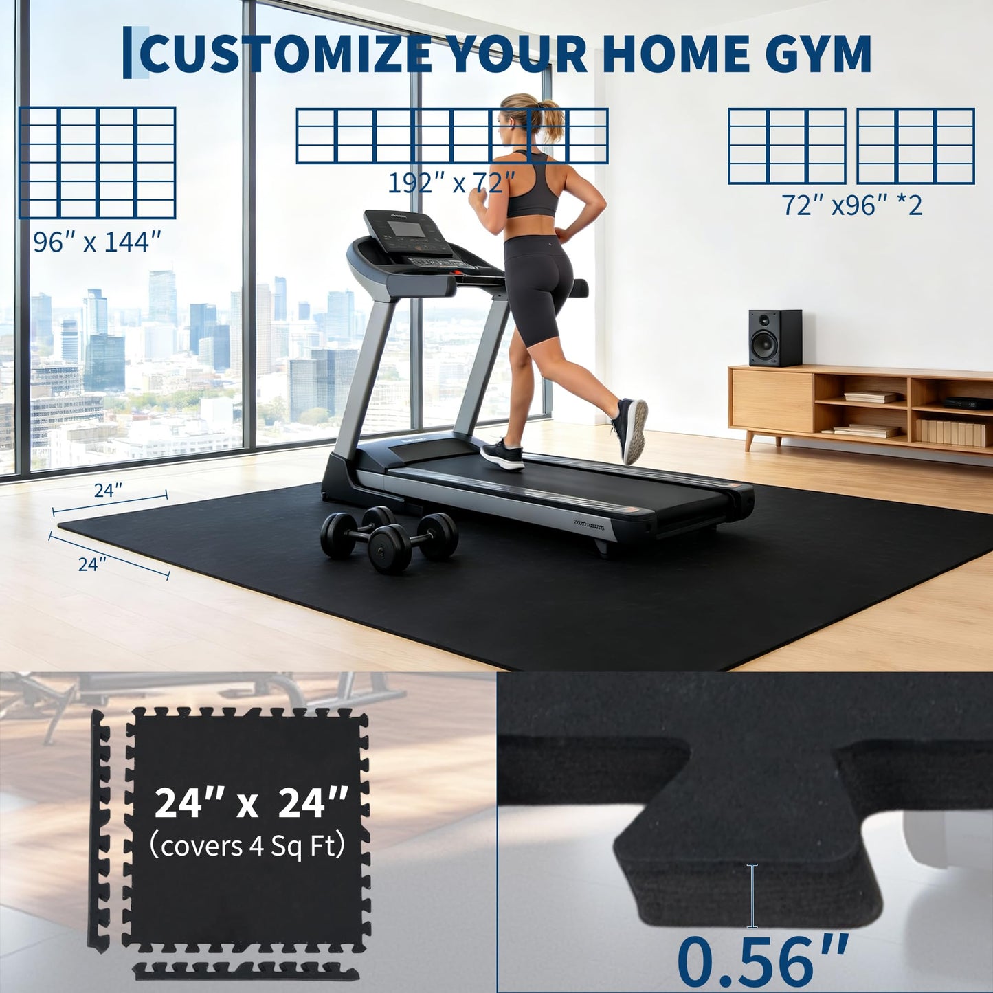 0.56-Inch Thick 96 Sq ft Exercise Equipment Mats | 24 Tiles Interlocking High-Density EVA Foam Rubber Puzzle Gym Flooring for Home Gym & Heavy Weight Workouts, 24 x 24 in Black