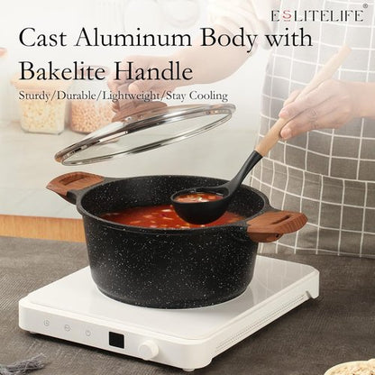 ESLITE LIFE Nonstick Cookware Set - 12 Pcs Granite Coating Pots & Pans | PFOA Free, Black, All Stovetops Compatible