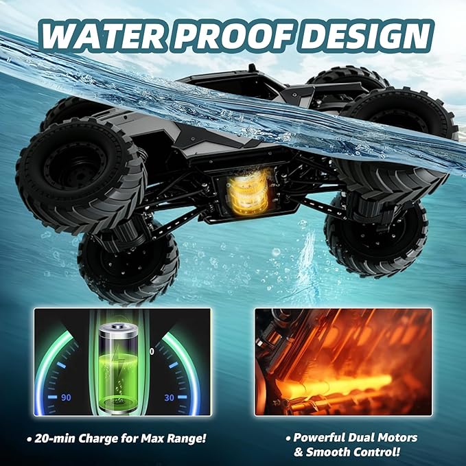 1:8 Large Amphibious RC Car – 4WD Waterproof Monster Truck Drives on Water &amp Land All Terrain Remote Control Truck with LED Lights Toy for Kids 3 Years and Up