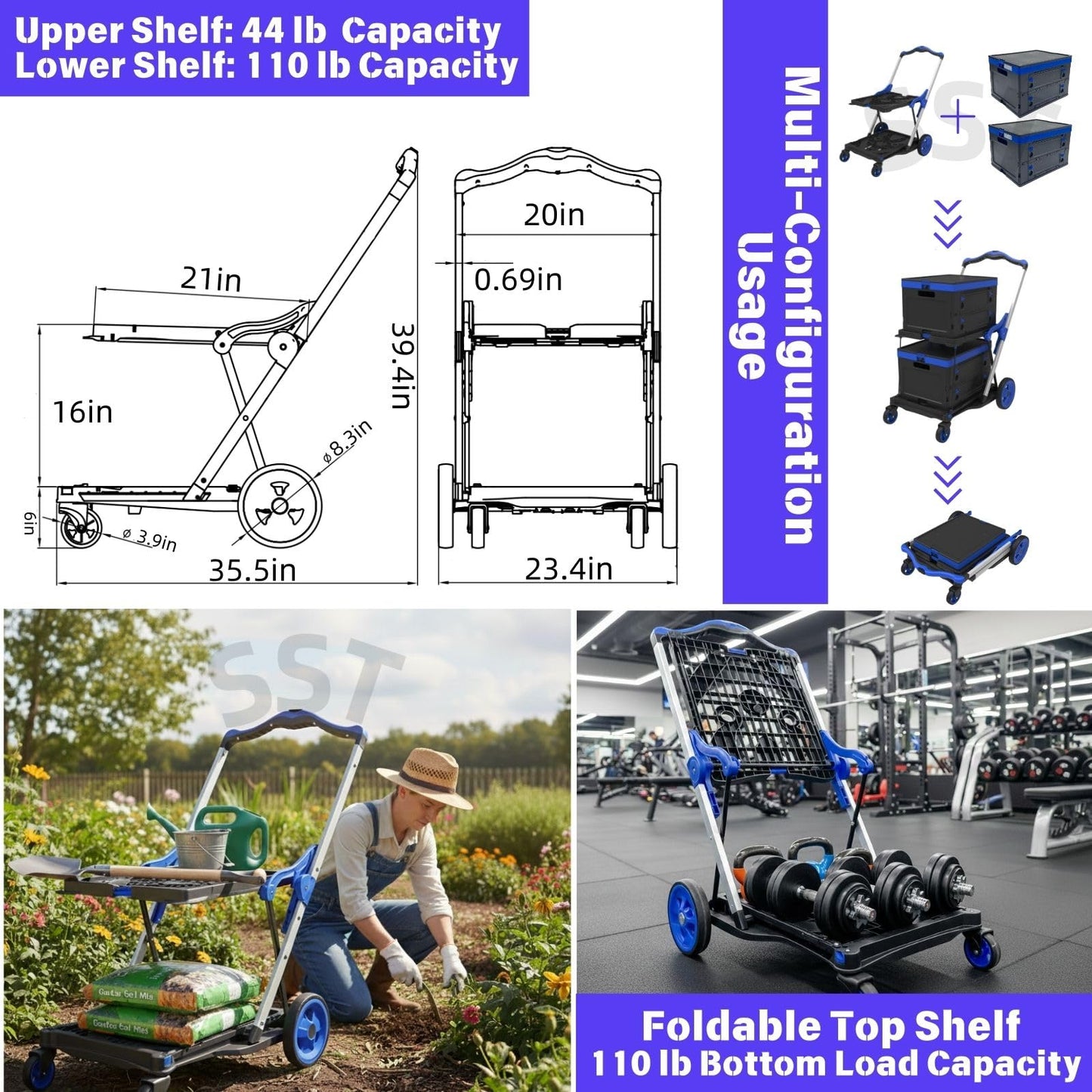 SST Collapsible Shopping Cart, 200LBS Capacity Multi Functional Utility Cart with 2 Storage Crate, Adjustable Handle Grocery Cart on Wheels for Grocery Shopping, Warehouse, Office, Supermarket