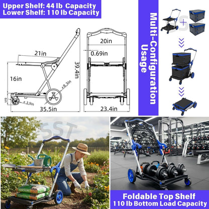 SST Collapsible Shopping Cart, 200LBS Capacity Multi Functional Utility Cart with 2 Storage Crate, Adjustable Handle Grocery Cart on Wheels for Grocery Shopping, Warehouse, Office, Supermarket