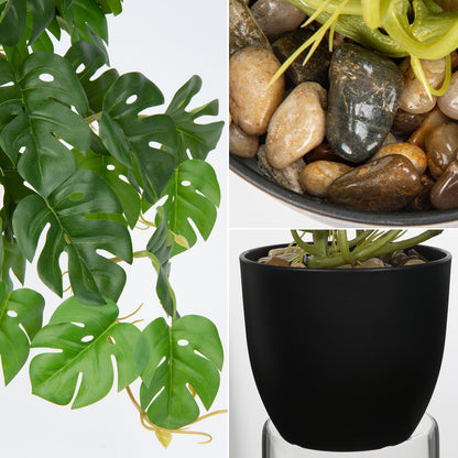 DILATATA Fake Plants Indoor 8 Inch Artificial Monstera Plant in Black Plastic Pot - Faux Potted Tropical Palm Plant for Home Aesthetic Decor Living Room Shelf Office