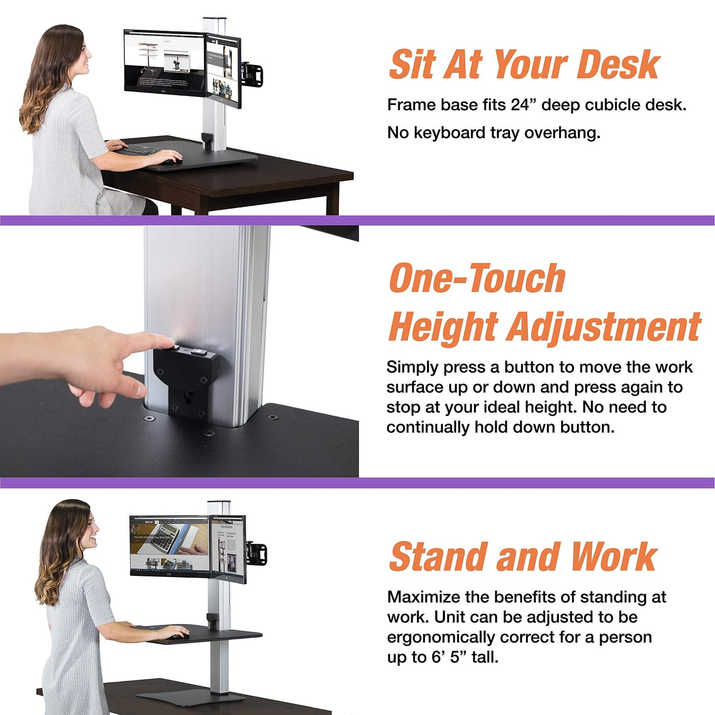 Victor Dual Monitor Electric Standing Desk Workstation, Height Adjustable Sit-Stand Converter with Dual Monitor Support, 28″ x 23″ Work Surface (DC450)
