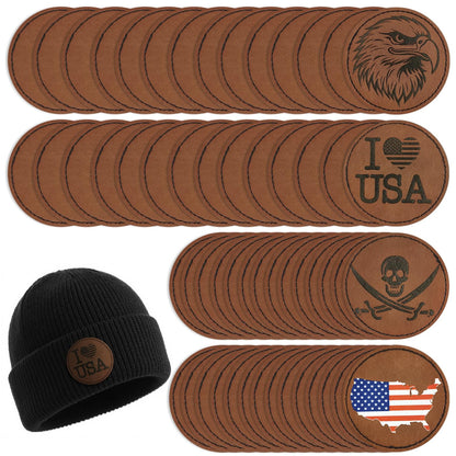 64Pack Blank Leather Hat Patches with Adhesive Backing, Laserable and Iron-on Leatherette Patch, Faux Leather Patches for Hats Custom Fabric Repair Sew Supplies (Round Brown)