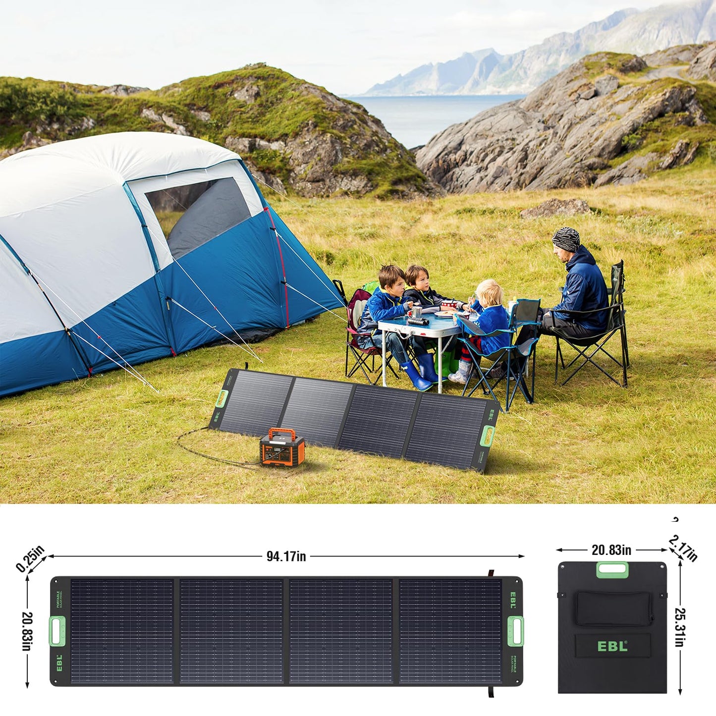 EBL 200W Portable Solar Panel High Efficiency Solar Power Panel for Home, RV, Camping, Marine, Off-Grid Applications, Weatherproof Solar Charging Solution