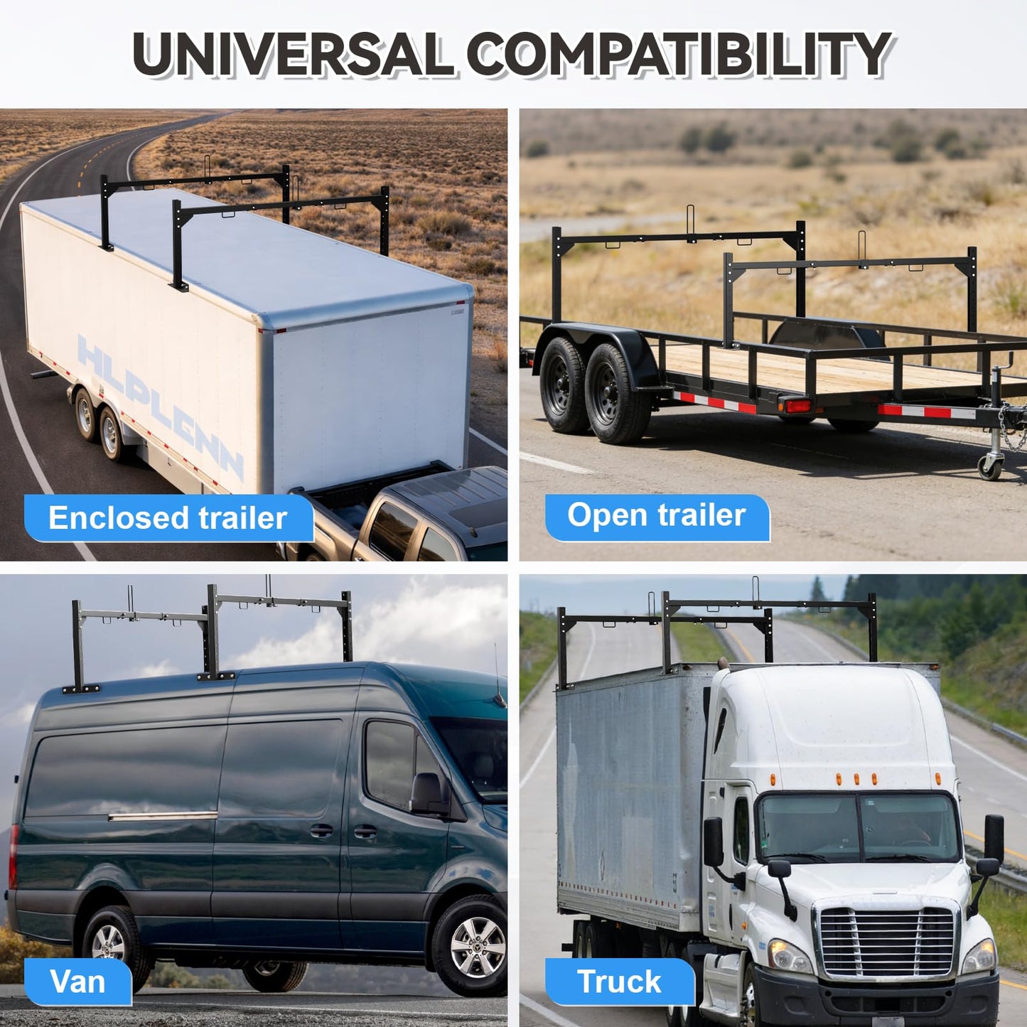 Universal Trailer Ladder Rack, Heavy Duty Adjustable Roof Ladder Rack for Enclosed & Open Trailers, 52.6"-88.4" W & 6.5"-23.5" H Adjustable, 400 lbs Capacity, Rustproof Steel with Ladder Stoppers