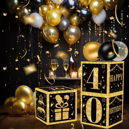40th Birthday Decorations Boxes for Men- 3PCS Black Gold Happy 40th Birthday Balloons Boxes, 40 Year Old Party Supplies for Men Women