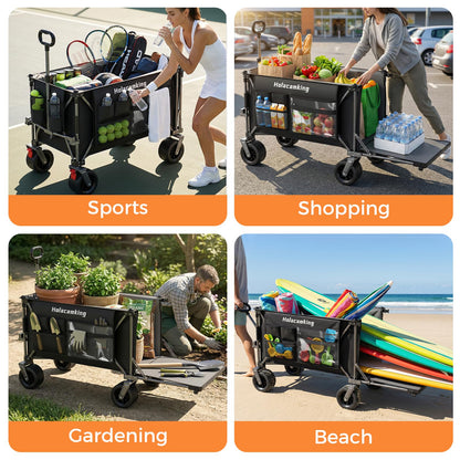 Holacamking 58”L Extender Collapsible Wagon, Extra Long Foldable Wagon Cart with Extended Tailgate, Heavy Duty Rolling Utility Cart with All-Terrain Big Wheels for Shopping Sports Beach, Black