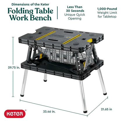 Keter Heavy-Duty Folding Workbench with 1,000 Pound Capacity - Foldable Work Table for Garage, Woodworking, and Outdoor Workshop with 12 Inch Adjustable Clamps