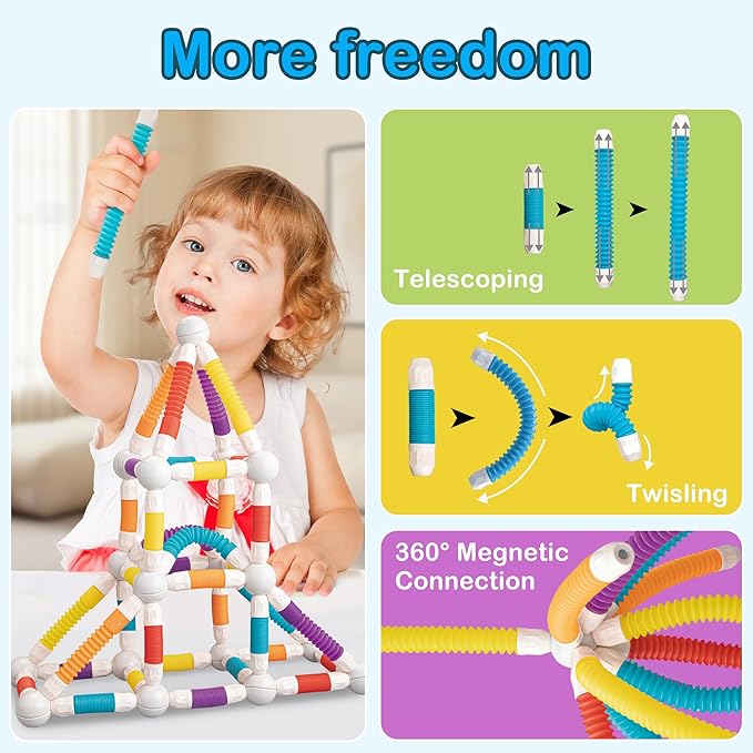 Magnetic Building Blocks Construction Set 66 Pieces Educational STEM Toy with Flexible Tubes and Connectors (66PCS)