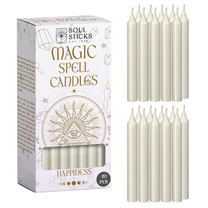 SOUL STICKS Happiness Magic Spell Chime Candles White Taper Candles 20 Pack - Taper Candle White for Altar, Rituals, Ceremonies, Meditation, Witchcraft Supplies, Wiccan, Candles Clearance