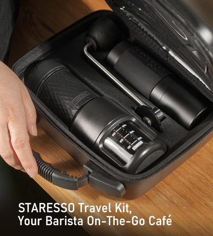 STARESSO 2026 Travel Kit, Portable Espresso Maker & Grinder Set, Dual Use for Ground Coffee & Pods, No Power Needed, Travel Case for Camping Hiking