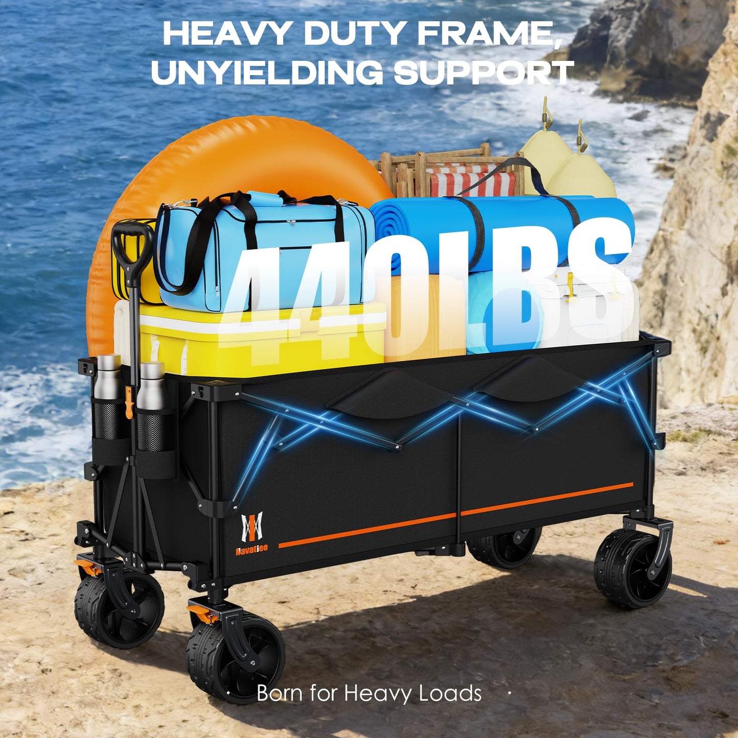 Navatiee 48" L Collapsible Extended Wagon, 440Lbs Heavy Duty Wagons Carts Foldable, 300L Extra Large Beach Wagon with Big All-Terrain Wheels for Sand, Folding Utility Garden Cart for Outdoor, Black