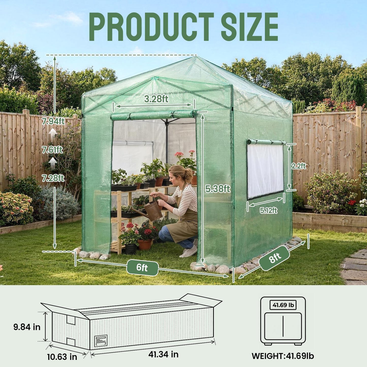 CROWN SHADES 8x6 Walk-in Greenhouse,Pop Up Portable Greenhouse with Center Lock One Push Instant,Outdoor Greenhouse Kit with Roll-Up Door,Mesh Windows&Adjustable Height for Backyard Garden（Green）