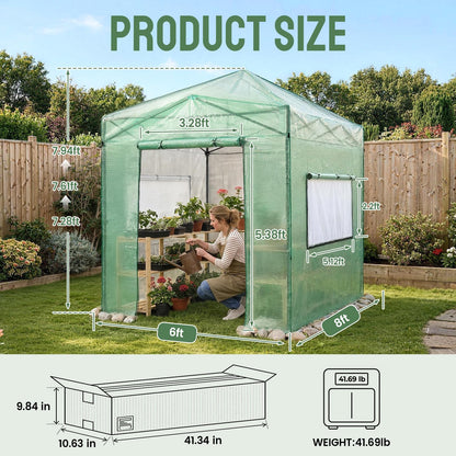 CROWN SHADES 8x6 Walk-in Greenhouse,Pop Up Portable Greenhouse with Center Lock One Push Instant,Outdoor Greenhouse Kit with Roll-Up Door,Mesh Windows&Adjustable Height for Backyard Garden（Green）