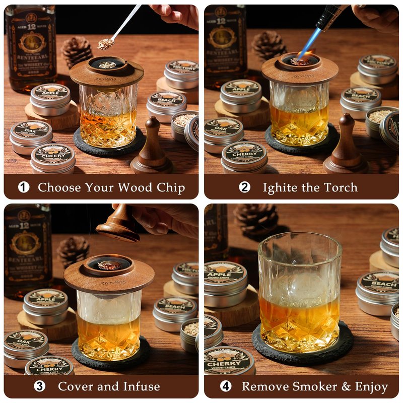 Whiskey Smoker Kit with Torch - 6 Flavors Wood Chips, 2 Glasses, Cocktail Smoker Infuser Kit, Old Fashioned Drink Smoker Kit, Birthday Valentine's Day Bourbon Whiskey Gifts for Men, Dad(No Butane)