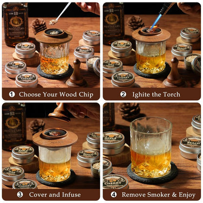 Whiskey Smoker Kit with Torch - 6 Flavors Wood Chips, 2 Glasses, Cocktail Smoker Infuser Kit, Old Fashioned Drink Smoker Kit, Birthday Valentine's Day Bourbon Whiskey Gifts for Men, Dad(No Butane)