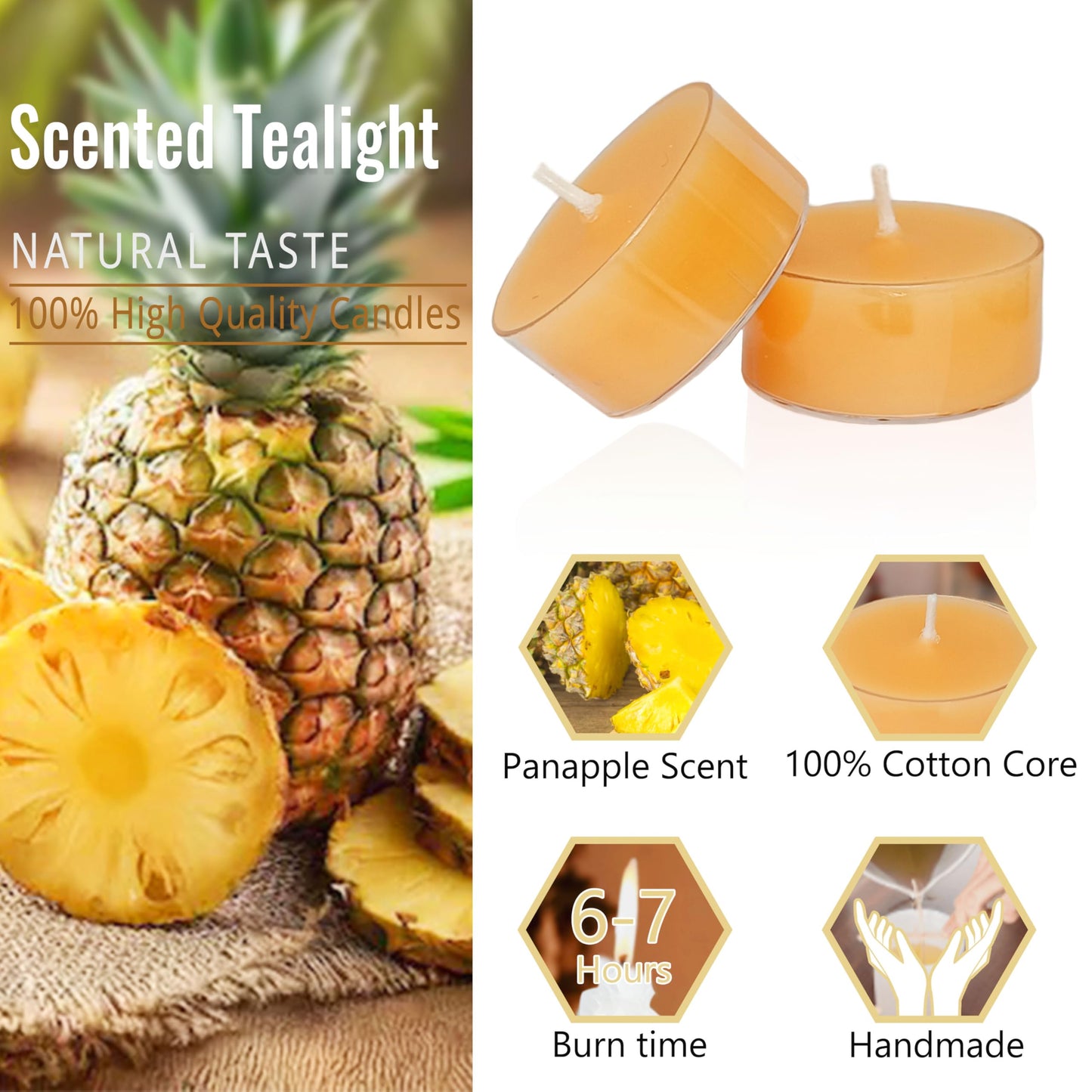 Tea Lights Yellow Tea Candles Set of 24 – Tealight Candles with Pineapple Scent, Long Burning Handmade Tealights for Wedding Meditation Home Decor Gift