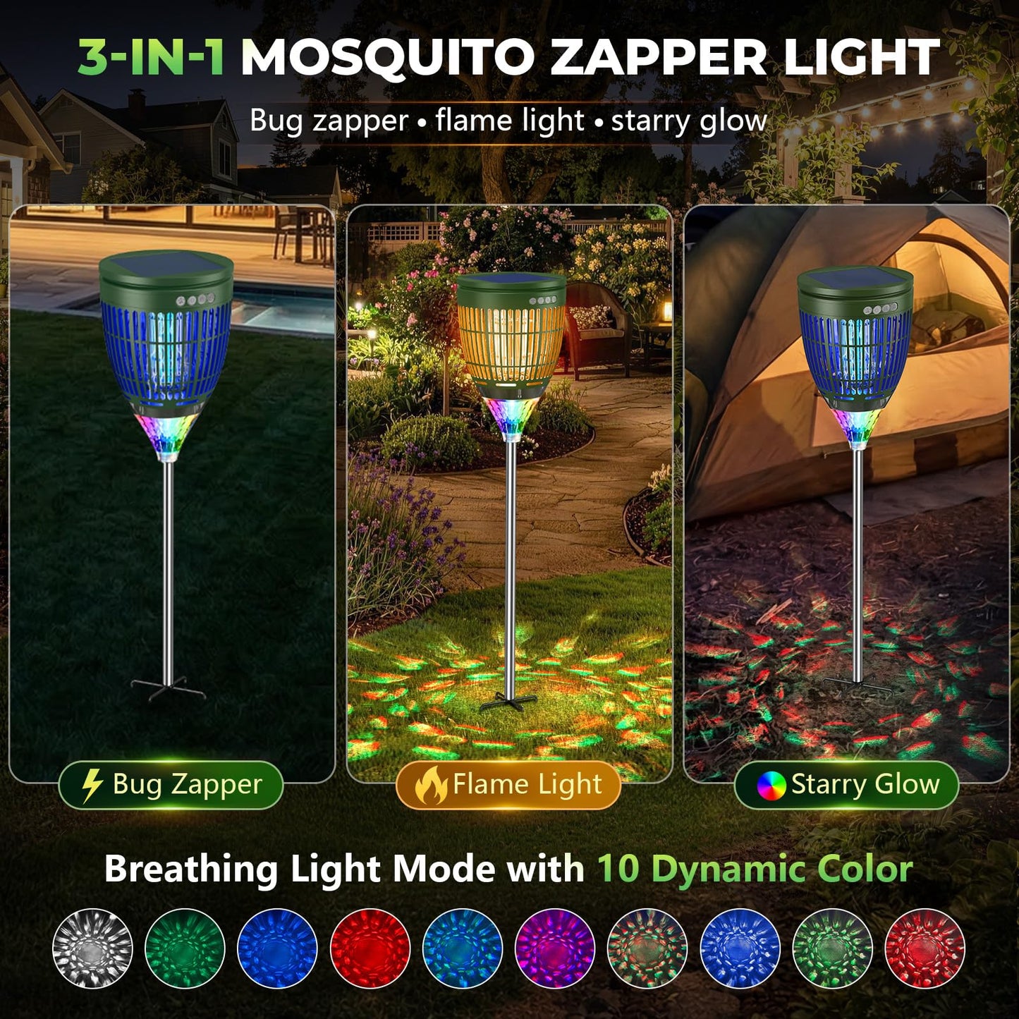 Solar Bug Zapper Outdoor Waterproof with Flame Effect Light, 10 Starry Ambient Light with Breathing Effect Height Adjustable with Ground Stake for Patio, Garden, Yard & Pathway (Green)