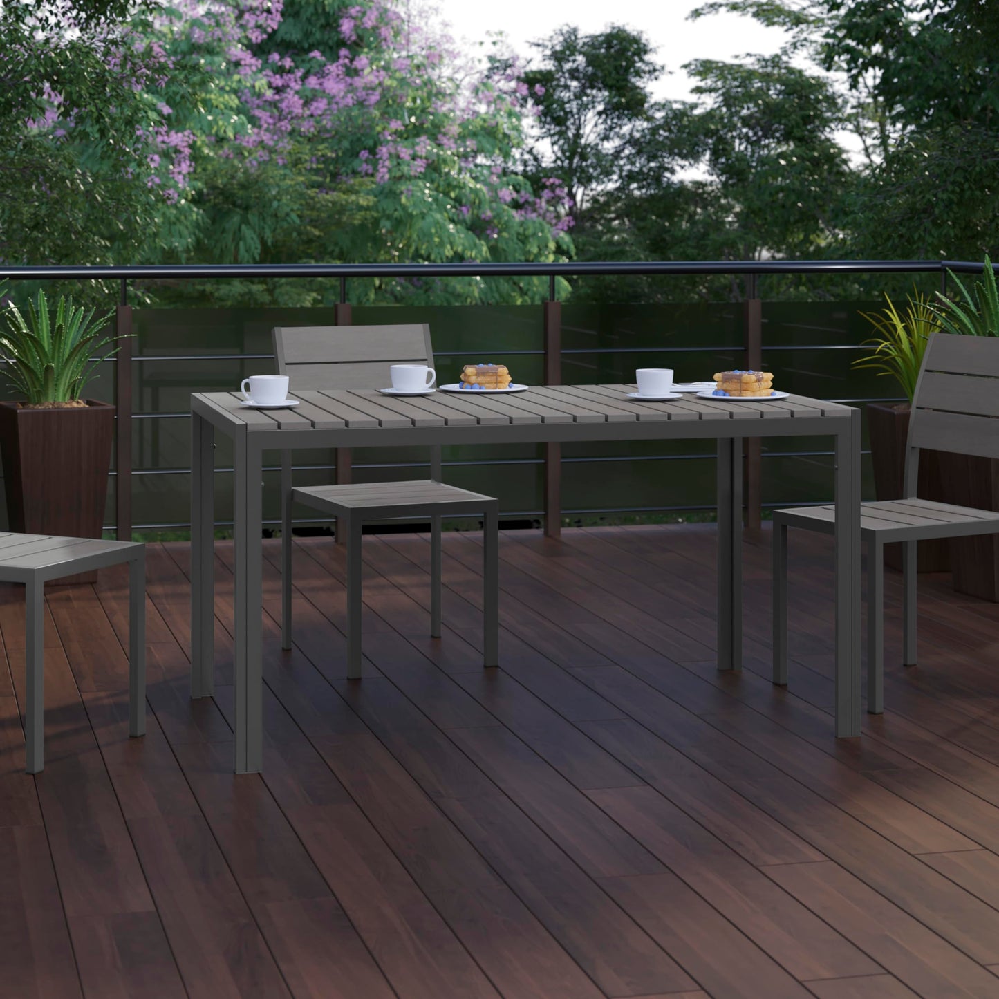 Flash Furniture Finch Commercial Grade Outdoor Dining Table 55" x 31" with Faux Teak Poly Slats and Metal Frame, Gray/Gray
