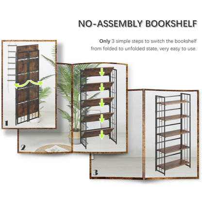 4NM No Assembly 5 Tiers Folding Bookshelf, 59.4" H Foldable Storage Shelves Vintage Bookcase Standing Racks Study Organizer Home Office - Rustic Brown Black