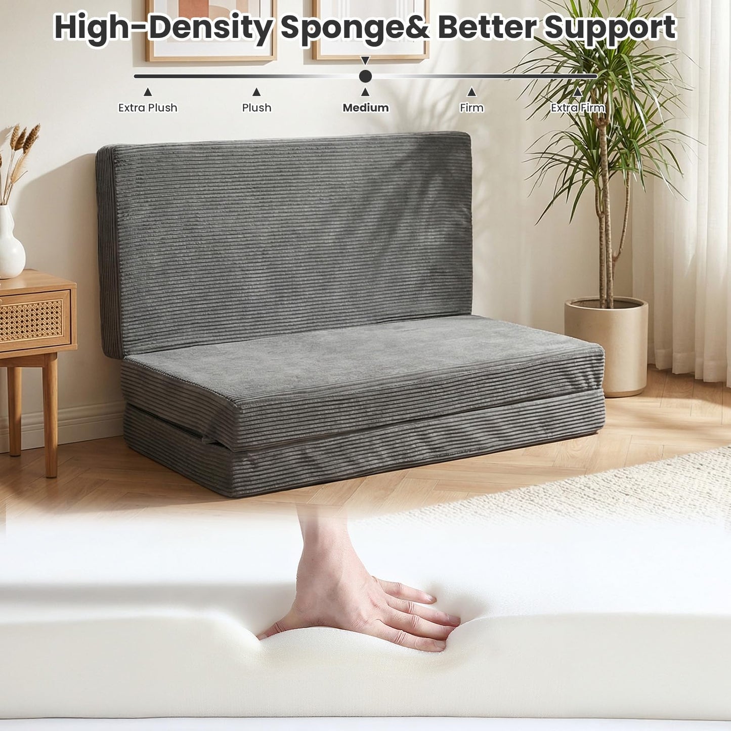 Erament 6-Inch Tri-Fold Mattress Full Size, Covertible Sofa Bed Foldable Futon Mattress with Handles & Non-Slip Bottom, Removable Machine Washable Corduroy Cover for Guest, Camping, Dorm