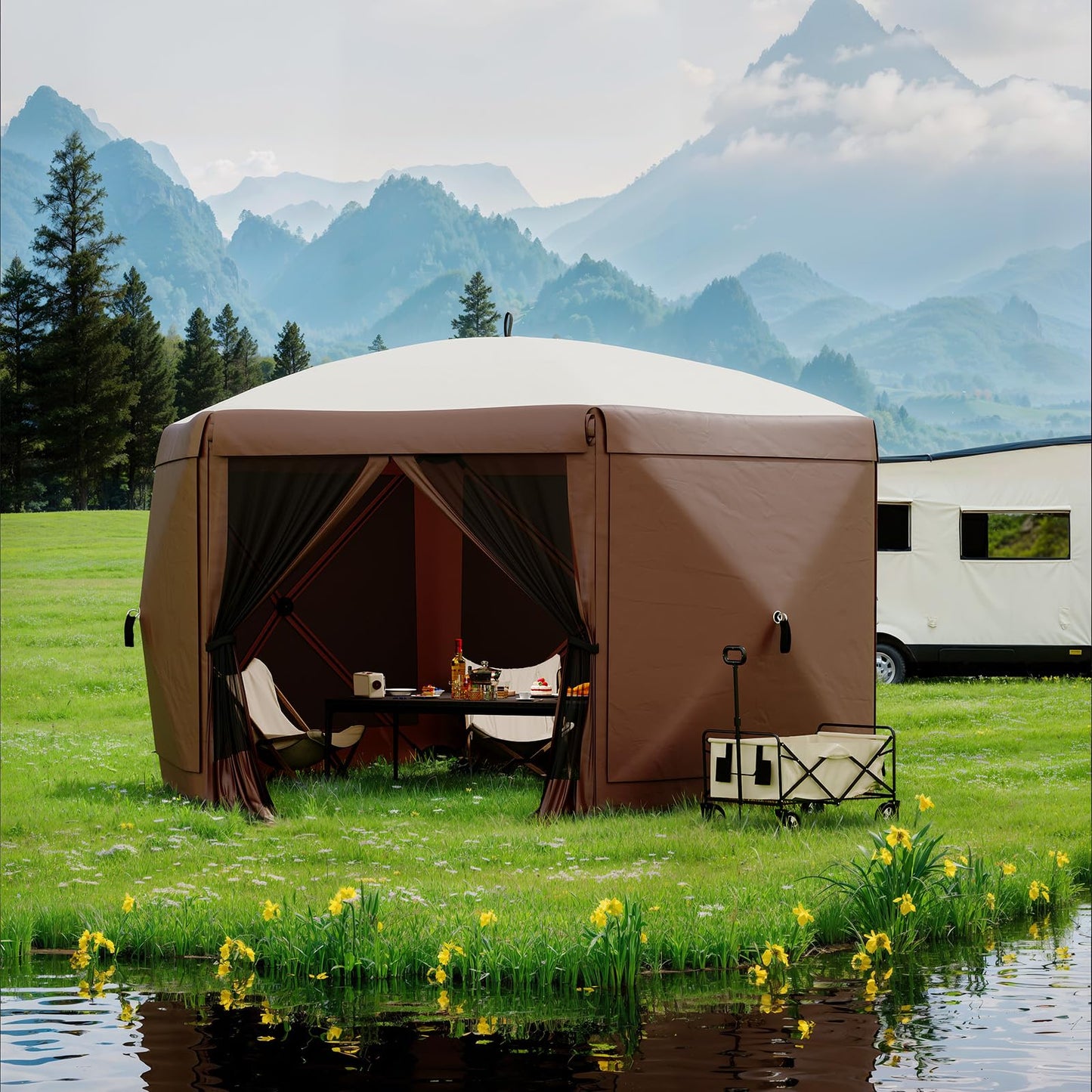 GarveeLife 11.5x11.5FT 6-Sided Pop Up Gazebo Tent，One-Push Setup Canopy Tent with Mesh Panels & Removable Wind Cloths, Outdoor shelter for Camping, Backyard Parties, Outdoor Events - Beige & Khaki