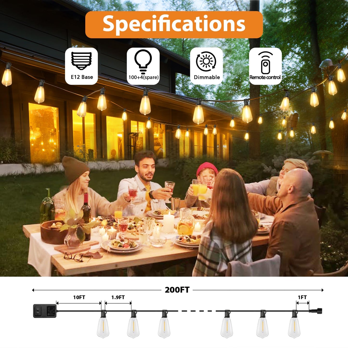 Brightever 200FT Outdoor String Lights with Remote, 2700K/4000K/5000K Selectable LED String Lights for Outside with 100+4 ST38 Edison Bulbs, 3 Modes Dimmable Patio Lights Waterproof for Camping, Deck