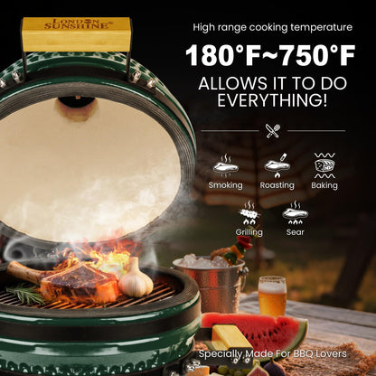 Upgraded 13 inch Ceramic Kamado Grill with Waterproof Air Vent Cap | Portable Tabletop Charcoal BBQ Grill Smoker for Outdoor Cooking, Patio, Camping | Green