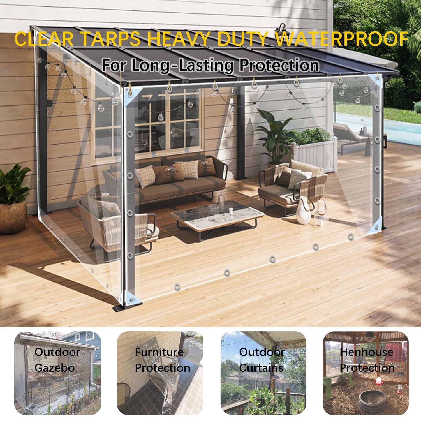 LC&QS Clear Tarps Heavy Duty PVC, Transparent Tarp Durable Waterproof Dustproof Windproof, Tarpaulin with Grommets & Ropes for Greenhouse, Patio, Garden, Pavilion, Chicken, Porch, Outdoor (10' x 12')